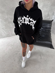 Kadın Oversize Kapüşonlu Cepli Baskılı 3 İplik Pamuklu Hoodie Sweatshirt - Siyah