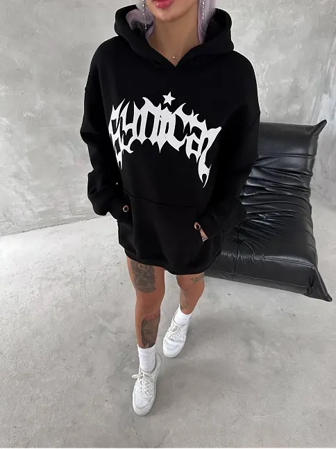 Kadın Oversize Kapüşonlu Cepli Baskılı 3 İplik Pamuklu Hoodie Sweatshirt - Siyah