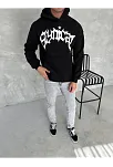 Erkek 3 İplik Pamuklu Kapüşonlu Baskılı Cepli Oversize Sweatshirt Hoodie - Siyah