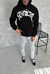Erkek 3 İplik Pamuklu Kapüşonlu Baskılı Cepli Oversize Sweatshirt Hoodie - Siyah