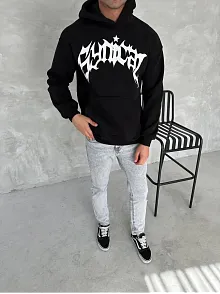 Erkek 3 İplik Pamuklu Kapüşonlu Baskılı Cepli Oversize Sweatshirt Hoodie - Siyah