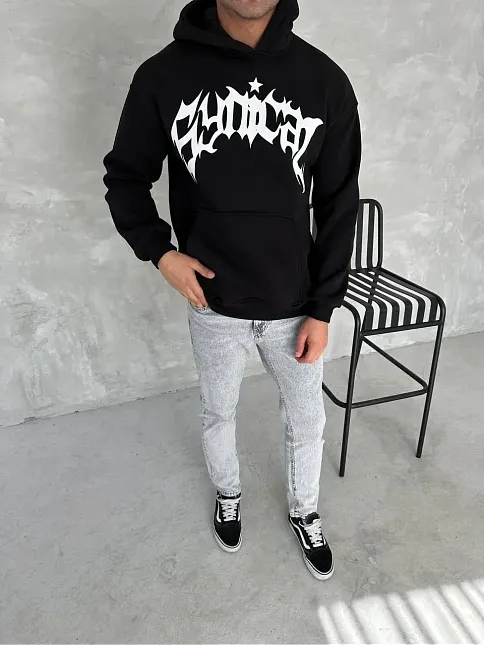 Erkek 3 İplik Pamuklu Kapüşonlu Baskılı Cepli Oversize Sweatshirt Hoodie - Siyah