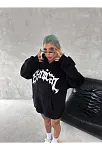 Kadın Oversize Kapüşonlu Cepli Baskılı 3 İplik Pamuklu Hoodie Sweatshirt - Siyah