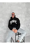 Erkek 3 İplik Pamuklu Kapüşonlu Baskılı Cepli Oversize Sweatshirt Hoodie - Siyah