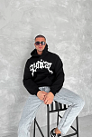 Erkek 3 İplik Pamuklu Kapüşonlu Baskılı Cepli Oversize Sweatshirt Hoodie - Siyah