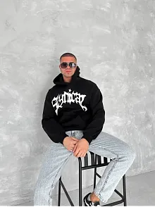 Erkek 3 İplik Pamuklu Kapüşonlu Baskılı Cepli Oversize Sweatshirt Hoodie - Siyah