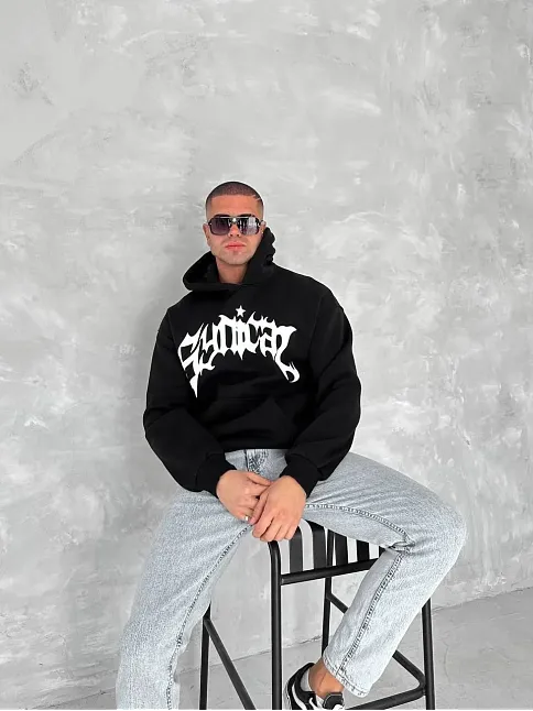 Erkek 3 İplik Pamuklu Kapüşonlu Baskılı Cepli Oversize Sweatshirt Hoodie - Siyah