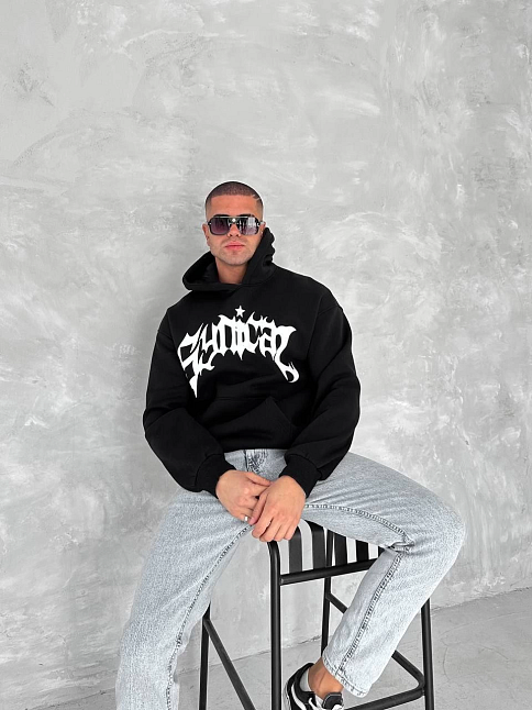 Erkek 3 İplik Pamuklu Kapüşonlu Baskılı Cepli Oversize Sweatshirt Hoodie - Siyah