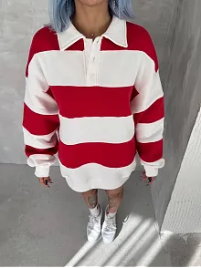 Kadın 3 İplik Pamuklu Parçalı Yakalı Sweatshirt - Kırmızı