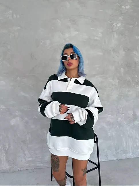 Kadın 3 İplik Pamuklu Parçalı Yakalı Sweatshirt - Yeşil