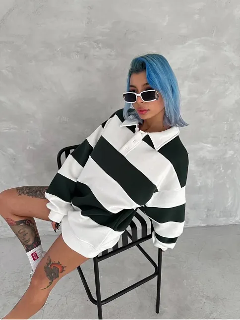 Kadın 3 İplik Pamuklu Parçalı Yakalı Sweatshirt - Yeşil
