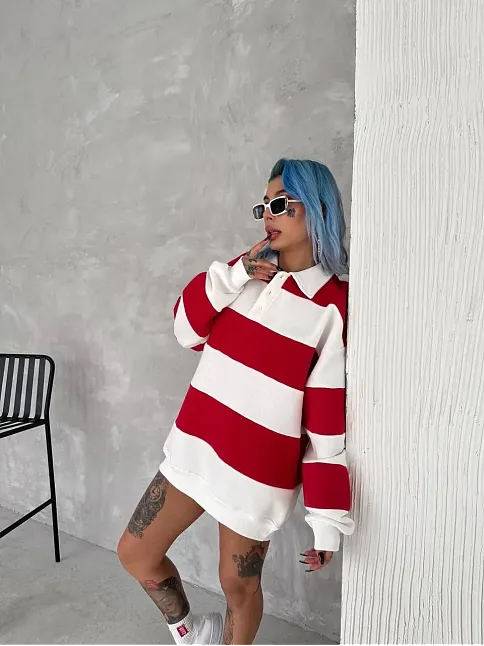 Kadın 3 İplik Pamuklu Parçalı Yakalı Sweatshirt - Kırmızı