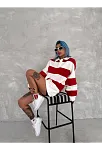 Kadın 3 İplik Pamuklu Parçalı Yakalı Sweatshirt - Kırmızı