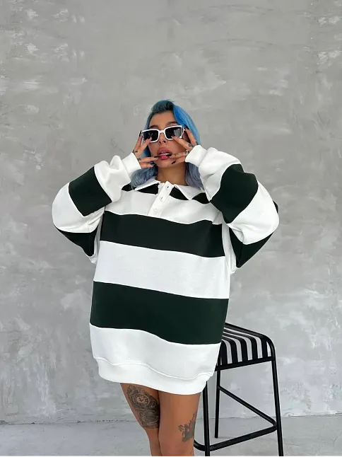 Kadın 3 İplik Pamuklu Parçalı Yakalı Sweatshirt - Yeşil