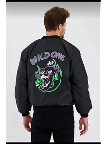 Wild One Baskılı Erkek Bomber Mont – Panter Desenli, Fermuarlı, Kapitone Astarlı Ceket - Siyah