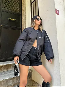 Kadın Polizei Bomber Mont Siyah Fermuarlı Cepli Kapitone Astarlı - Siyah