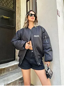 Kadın Polizei Bomber Mont Siyah Fermuarlı Cepli Kapitone Astarlı - Siyah