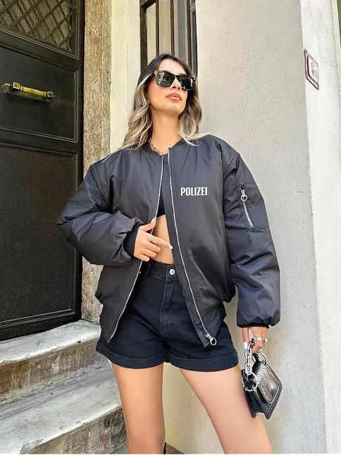 Kadın Polizei Bomber Mont Siyah Fermuarlı Cepli Kapitone Astarlı - Siyah