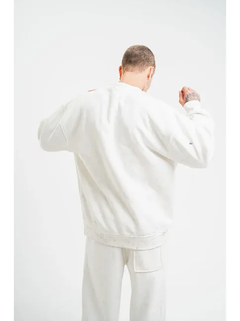 Erkek 3 İplik Pamuklu Bisiklet Yaka Yıkamalı Sweatshirt - Beyaz