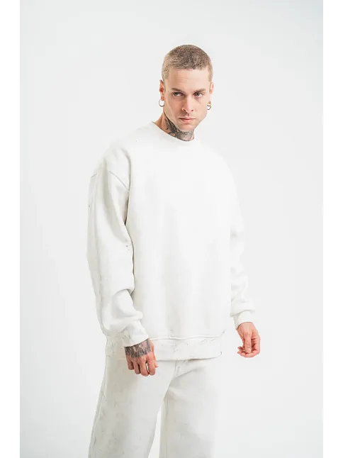 Erkek 3 İplik Pamuklu Bisiklet Yaka Yıkamalı Sweatshirt - Beyaz