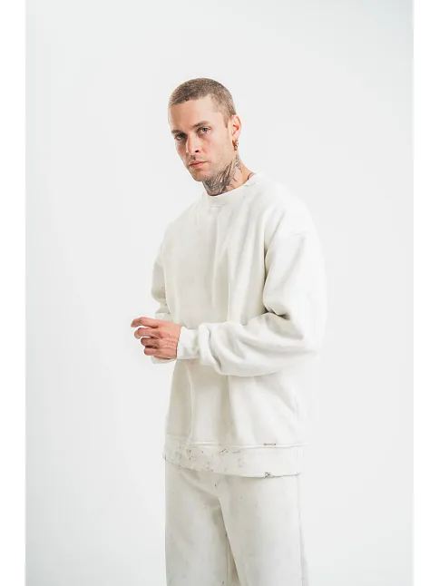 Erkek 3 İplik Pamuklu Bisiklet Yaka Yıkamalı Sweatshirt - Beyaz