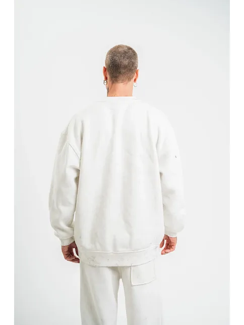 Erkek 3 İplik Pamuklu Bisiklet Yaka Yıkamalı Sweatshirt - Beyaz