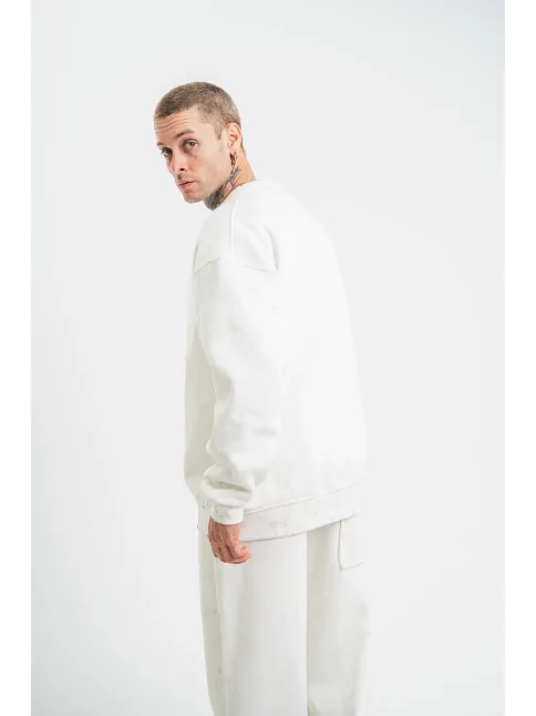 Erkek 3 İplik Pamuklu Bisiklet Yaka Yıkamalı Sweatshirt - Beyaz