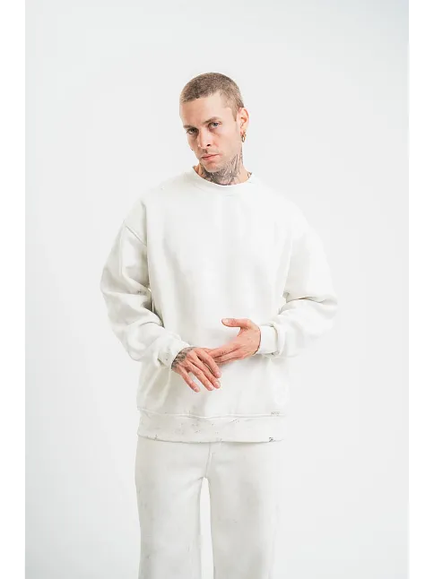 Erkek 3 İplik Pamuklu Bisiklet Yaka Yıkamalı Sweatshirt - Beyaz