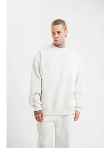Erkek 3 İplik Pamuklu Bisiklet Yaka Yıkamalı Sweatshirt - Beyaz