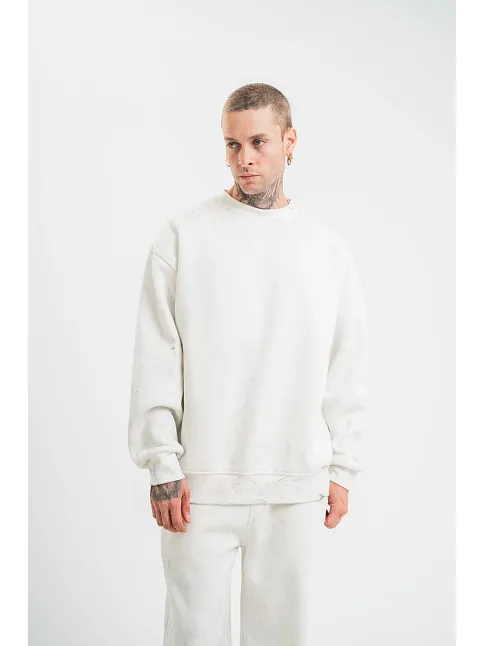 Erkek 3 İplik Pamuklu Bisiklet Yaka Yıkamalı Sweatshirt - Beyaz