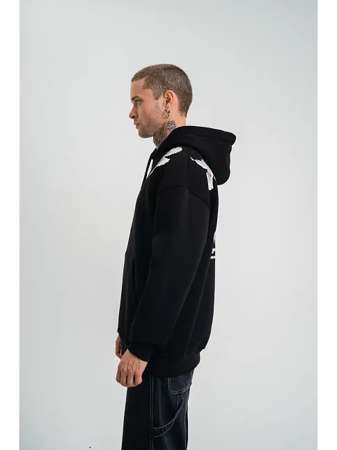Erkek 3 İplik Pamuklu Kapüşonlu Baskılı Cepli Oversize Sweatshirt Hoodie - Siyah