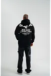 Erkek 3 İplik Pamuklu Kapüşonlu Baskılı Cepli Oversize Sweatshirt Hoodie - Siyah