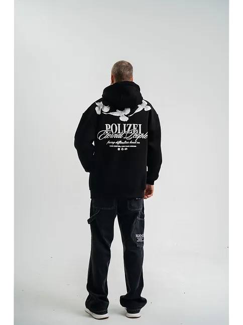 Erkek 3 İplik Pamuklu Kapüşonlu Baskılı Cepli Oversize Sweatshirt Hoodie - Siyah