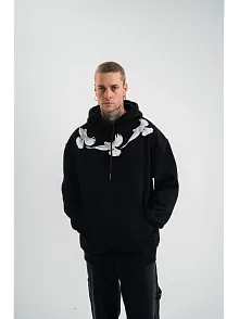 Erkek 3 İplik Pamuklu Kapüşonlu Baskılı Cepli Oversize Sweatshirt Hoodie - Siyah