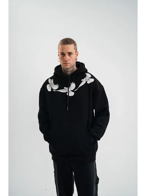Erkek 3 İplik Pamuklu Kapüşonlu Baskılı Cepli Oversize Sweatshirt Hoodie - Siyah