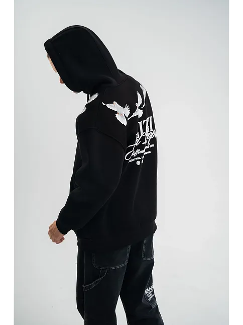Erkek 3 İplik Pamuklu Kapüşonlu Baskılı Cepli Oversize Sweatshirt Hoodie - Siyah