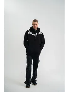 Erkek 3 İplik Pamuklu Kapüşonlu Baskılı Cepli Oversize Sweatshirt Hoodie - Siyah