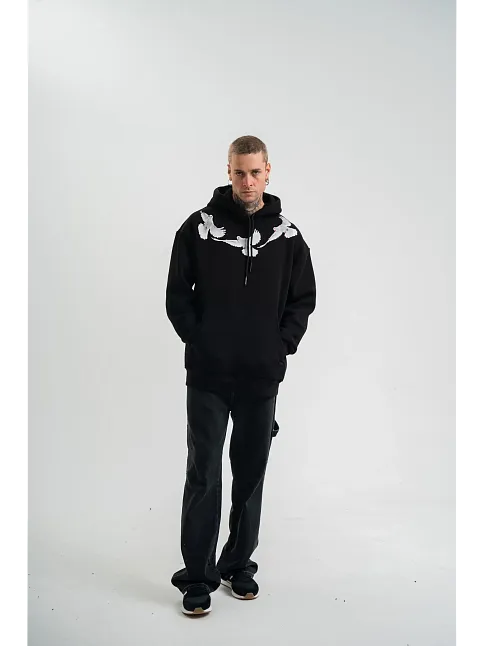 Erkek 3 İplik Pamuklu Kapüşonlu Baskılı Cepli Oversize Sweatshirt Hoodie - Siyah
