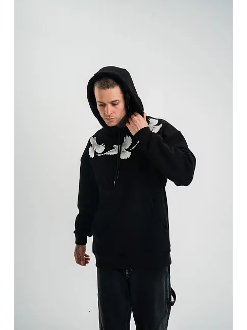 Erkek 3 İplik Pamuklu Kapüşonlu Baskılı Cepli Oversize Sweatshirt Hoodie - Siyah
