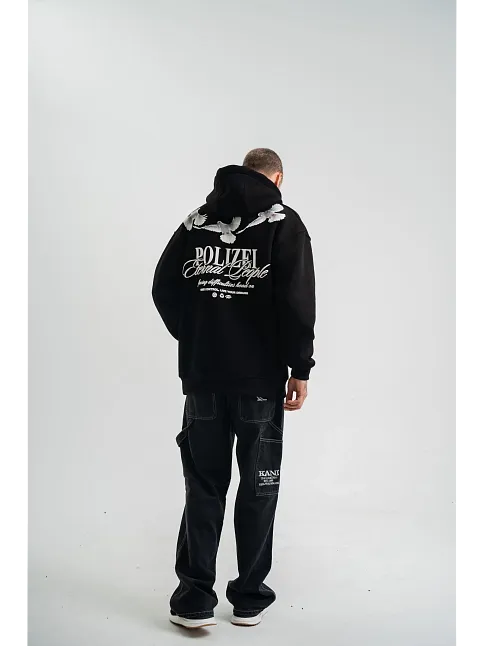 Erkek 3 İplik Pamuklu Kapüşonlu Baskılı Cepli Oversize Sweatshirt Hoodie - Siyah