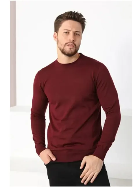 Erkek Bisiklet Yaka Kazak Uzun Kol Dokuma Triko - Bordo