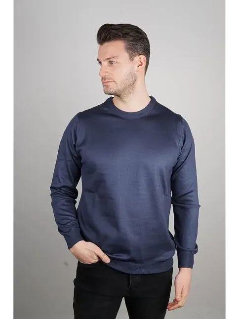 Erkek Bisiklet Yaka Kazak Uzun Kol Dokuma Triko - Indigo
