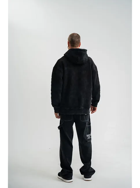 Erkek 3 İplik Pamuklu Kapüşonlu Yıkamalı Nakışlı Hoodie Sweatshirt - Siyah