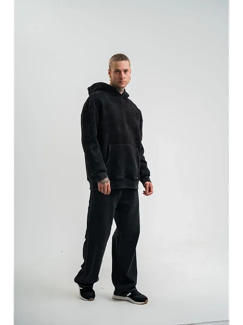 Erkek 3 İplik Pamuklu Kapüşonlu Yıkamalı Nakışlı Hoodie Sweatshirt - Siyah