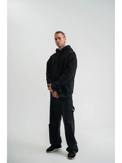 Erkek 3 İplik Pamuklu Kapüşonlu Yıkamalı Nakışlı Hoodie Sweatshirt - Siyah