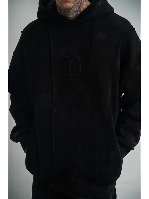 Erkek 3 İplik Pamuklu Kapüşonlu Yıkamalı Nakışlı Hoodie Sweatshirt - Siyah