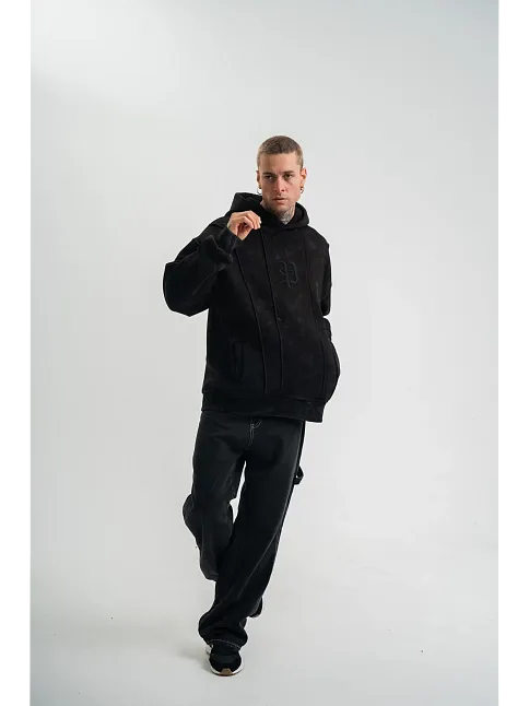 Erkek 3 İplik Pamuklu Kapüşonlu Yıkamalı Nakışlı Hoodie Sweatshirt - Siyah