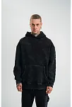 Erkek 3 İplik Pamuklu Kapüşonlu Yıkamalı Nakışlı Hoodie Sweatshirt - Siyah
