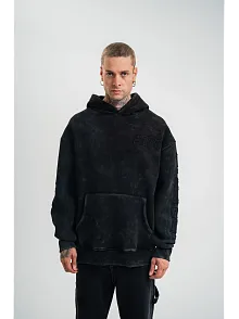 Erkek 3 İplik Pamuklu Kapüşonlu Yıkamalı Nakışlı Hoodie Sweatshirt - Siyah