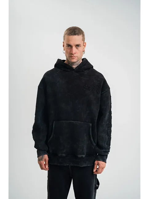 Erkek 3 İplik Pamuklu Kapüşonlu Yıkamalı Nakışlı Hoodie Sweatshirt - Siyah